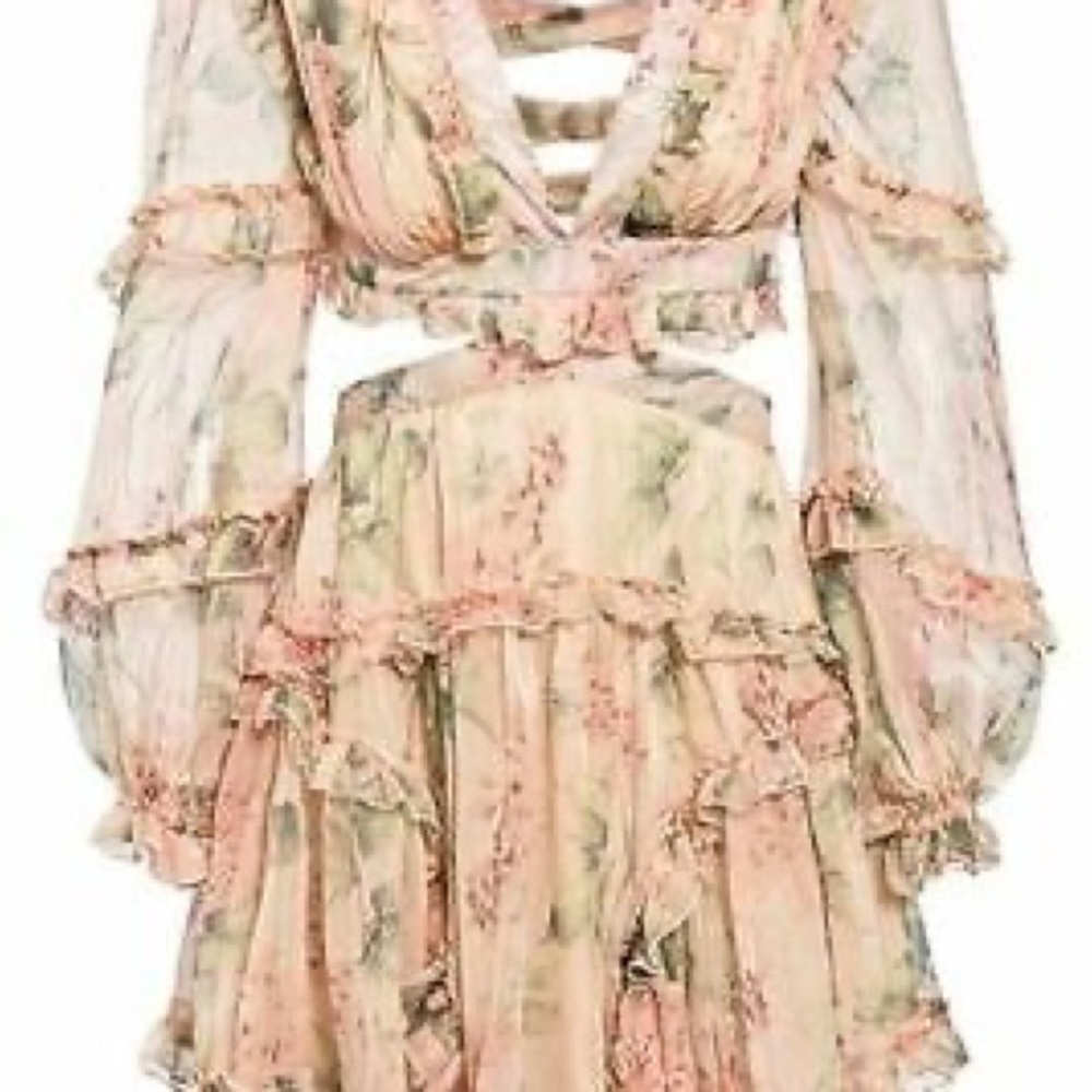 Pink and Cream Ruffled Tiered Sundress with Plunge Neckline